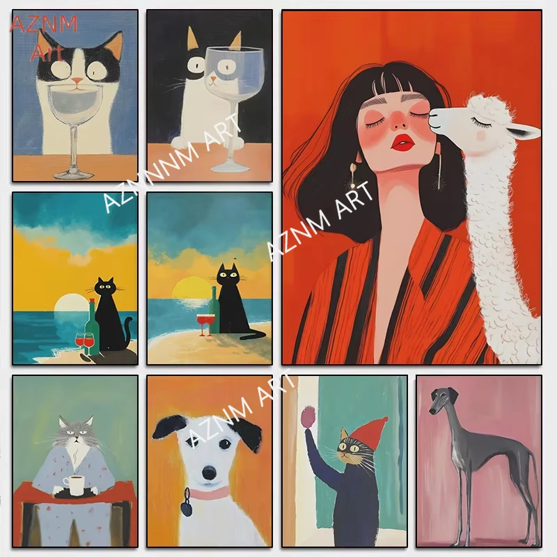 Abstrakte Lustige Cartoon-Tiere trinken Kaffee Anthropomorphe Poster Moderne Drucke Leinwandgemälde Wandbilder für Zuhause und Zimmer