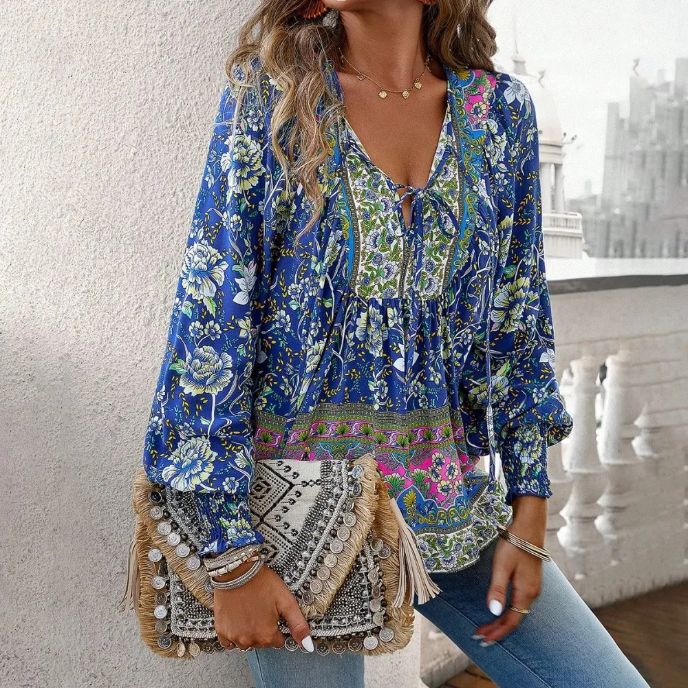 Summer Women Printed Chiffon Blouse, Elegant V‑Neck Long Sleeve Pullover Top, Non‑Open Front Casual Shirt