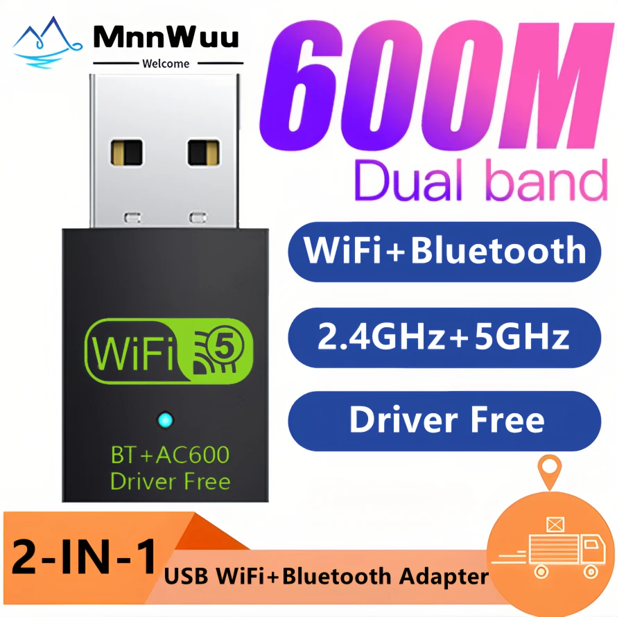 2 in 1 USB WiFi Bluetooth Adapter 600Mbps Dual Band USB Wifi Dongle Adapter USB Bluetooth Adapter Wireless Network Card For PC