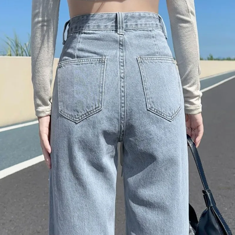 Denim Jeans Women Wash Drawstring Korean Loose Wide Leg Drop Straight Long Ladies Pants Trend Brand Trousers Dropship