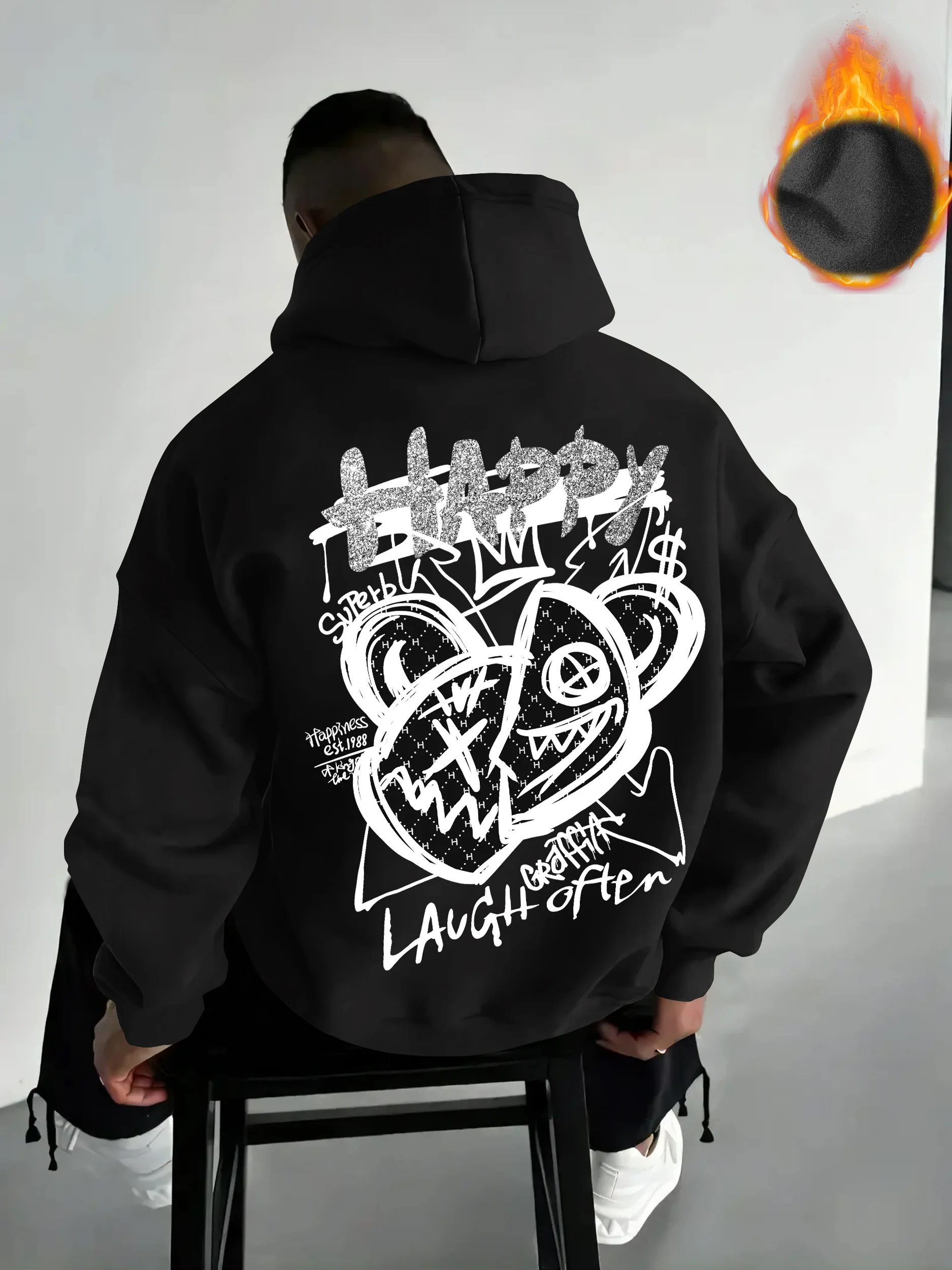 Men's street graffiti hooded sweatshirt, fun smiling face font print, warm and comfortable casual and unique hooded sweatshirt