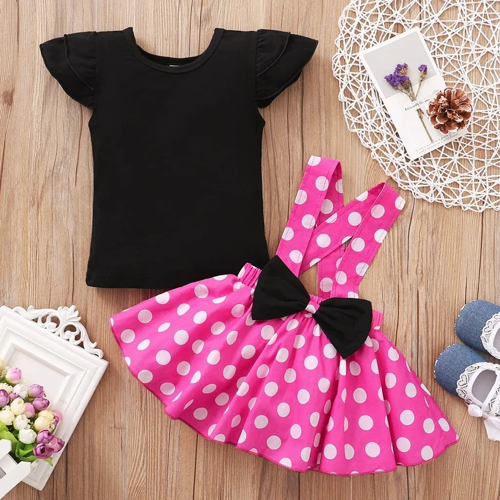 2PCS Summer Toddler Girls Cute Dress Set Short Sleeve Black T-shirt+Polka Dot Suspender Skirt Party Wear for Kid Girls 1-5 Years