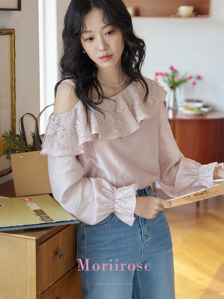 

Женская шелковая блузка Moriirose с двойным кружевом, открытыми плечами, асимметричным воротником, осенняя, в винтажном стиле, с длинными рукавами