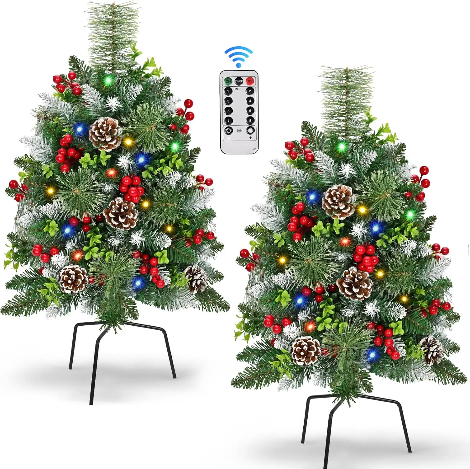 

2 Pack Pre-lit Outdoor Christmas Tree, 24.5' Green Tree with Lights & Remote for Porch, Yard Decor