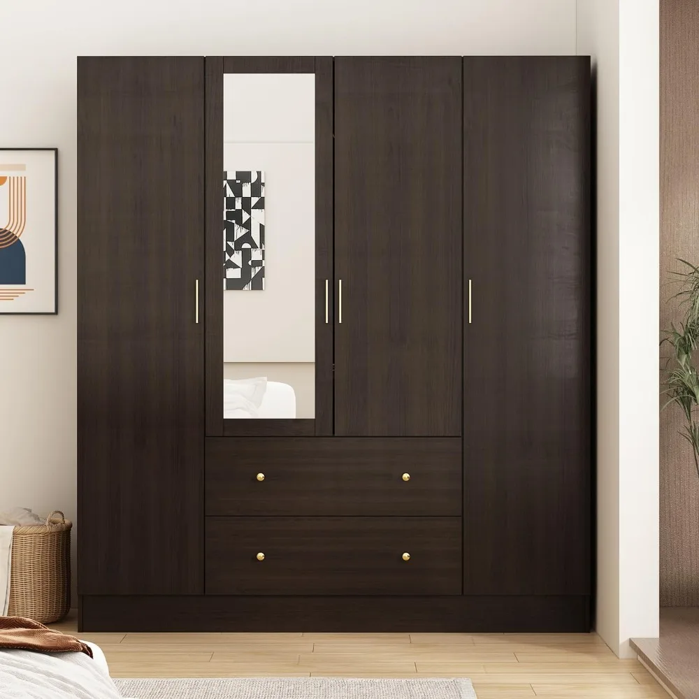 

Dark Brown Wardrobe Armoire with Mirror, 5-Tier Shelves, 2 Drawers, 2 Hanging Rods and 4 Doors, Wooden Closet Storage Cabinet