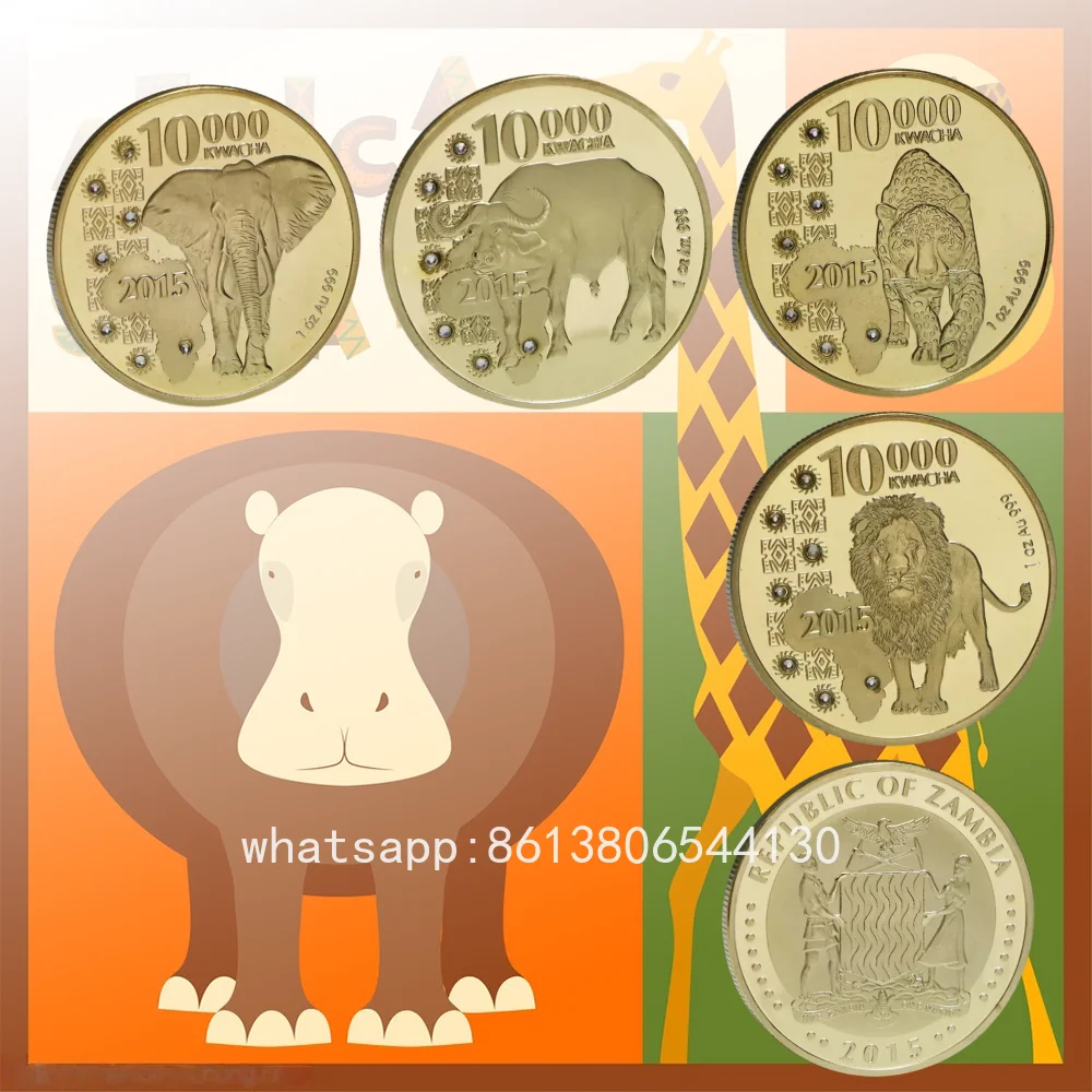 

Animl Coin Gold Plated commemoration 2015 Malawi 10,000 Kwacha African Wildlife Elephant Lion Leopard Buffalo Gold Coin Souvenir