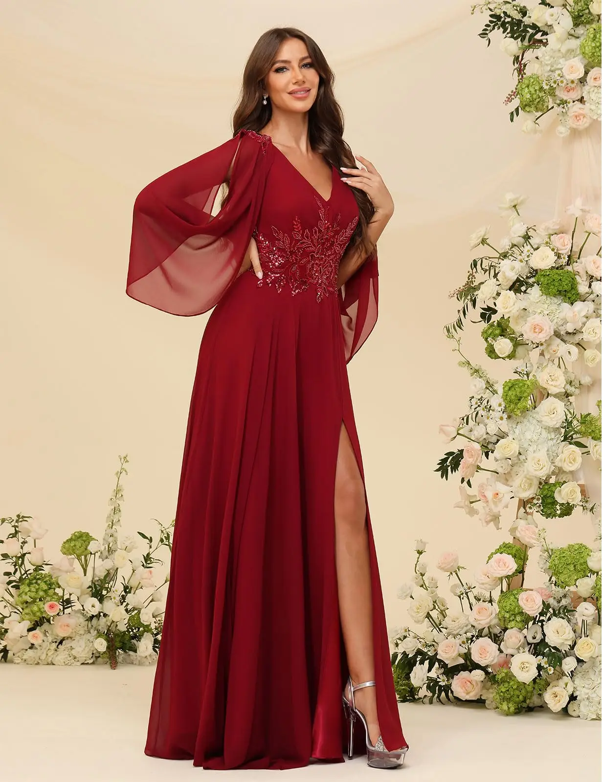 브이넥 쉬폰 신부 어머니 드레스 레이스 아플리케 여성용 정장 드레스 긴 이브닝 가운(소매 포함)
