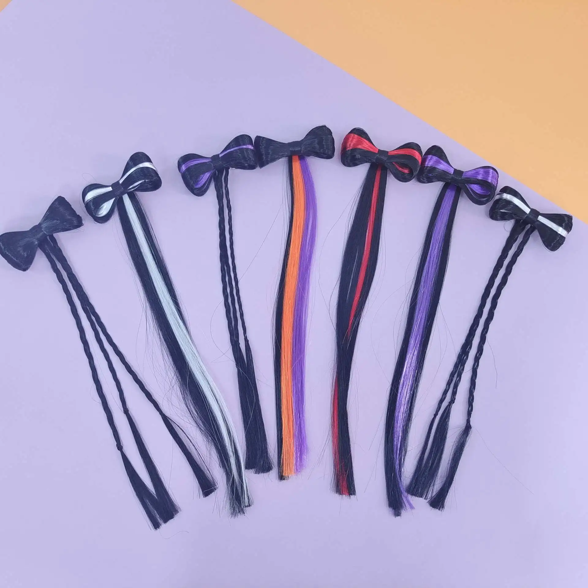 

Оптовая продажа, новые аксессуары для волос на Хэллоуин, парик с бантом, детские аксессуары для волос, косы с цветными блоками, прямые детские заколки для волос, вес