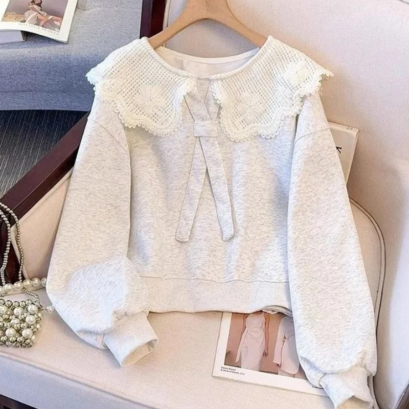 Women Sweatshirt Peter Pan Collar Lace Trim Cropped Tops 2026 Spring Autumn Lightweight Fashion Cute Casual Pullover Blouse