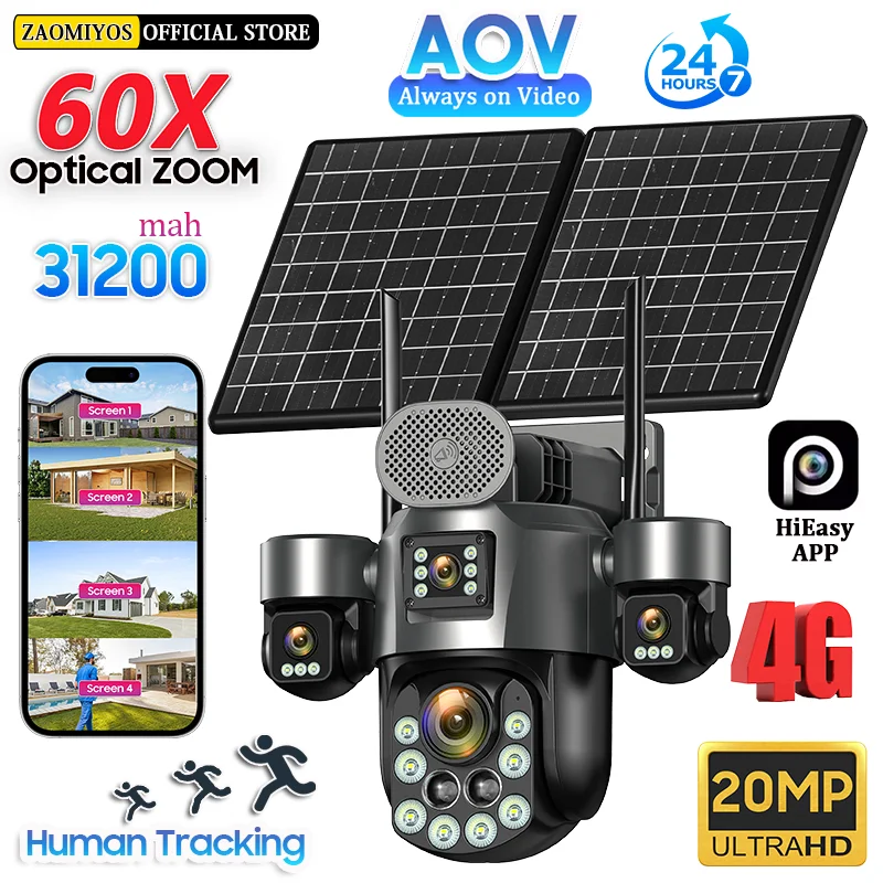 ZAOMIYOS 20MP Four Screen 4G SIM AOV Solar Surveillance Camera Outdoor 60X Optical Zoom Auto Track Security 24/7 Record PTZ Cam