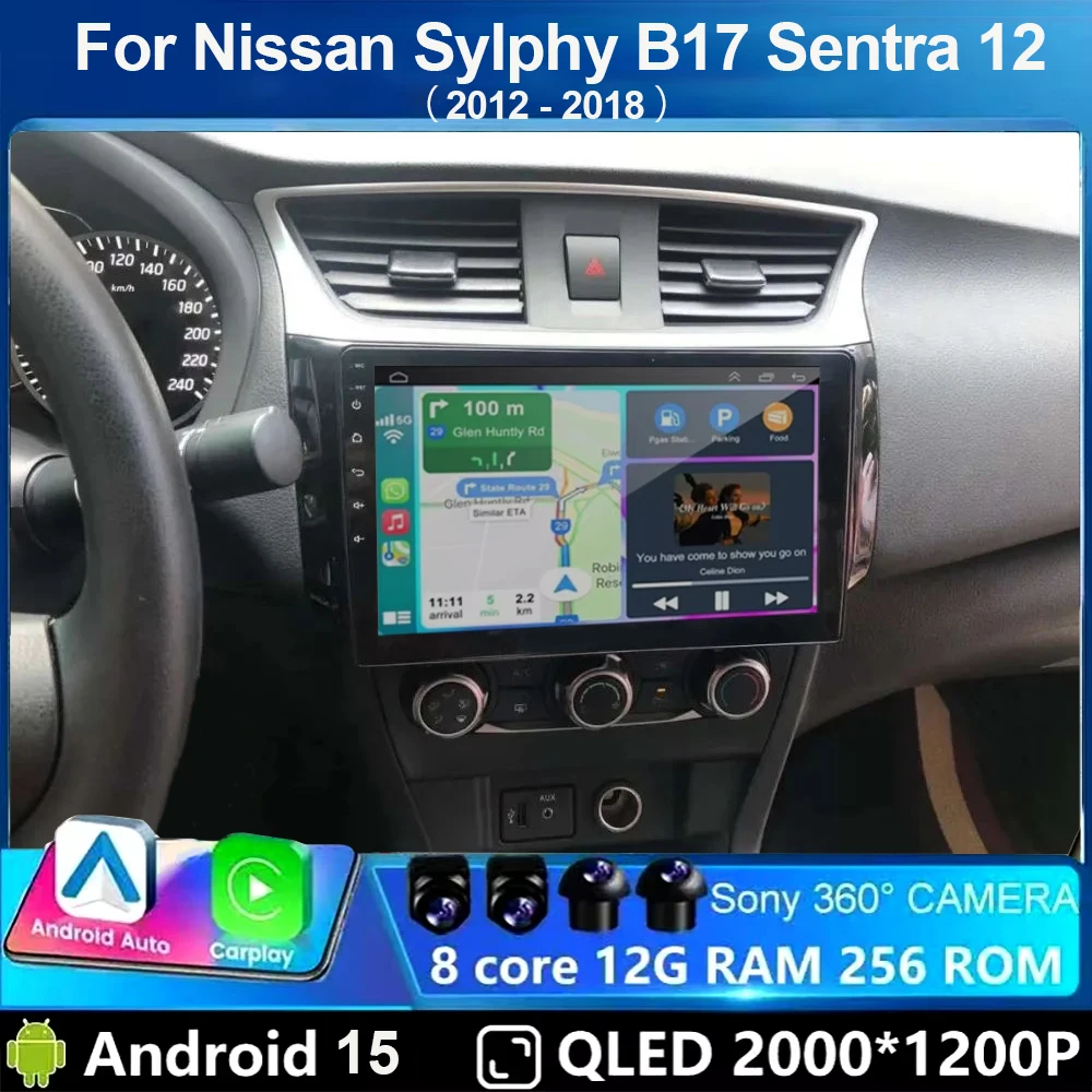 Radio para Auto con Android 15 para Nissan Sylphy B17 Sentra 12 2012 ~2014 2015 2016 2017 2018, Carplay, Bluetooth, DSP, Pantalla Táctil, 4G, Wifi, GPS