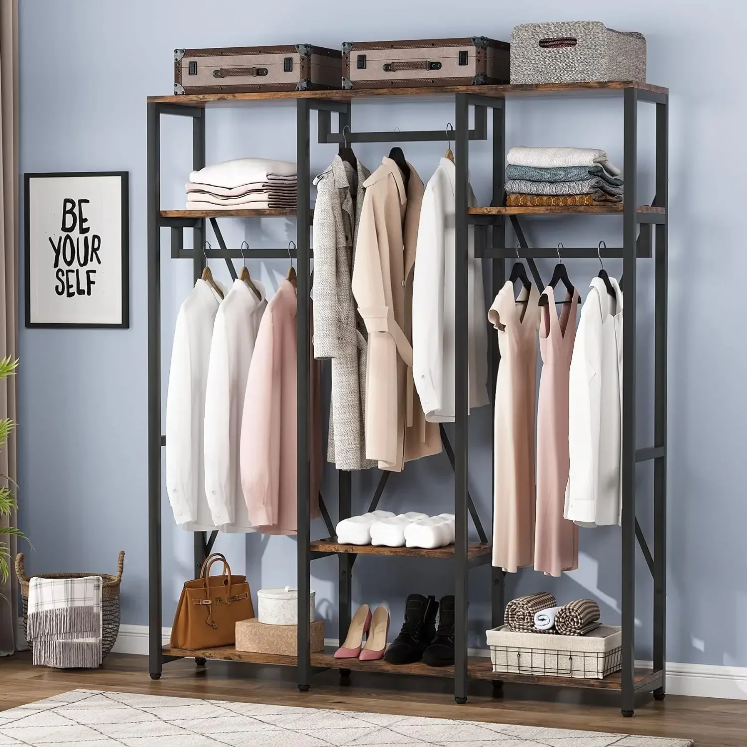 Tribesigns Freestanding Closet Organizer, Industrial 3 Rod Garment Rack with 4-Tier Storage Shelf,Wardrobe Rack Clothes Rack