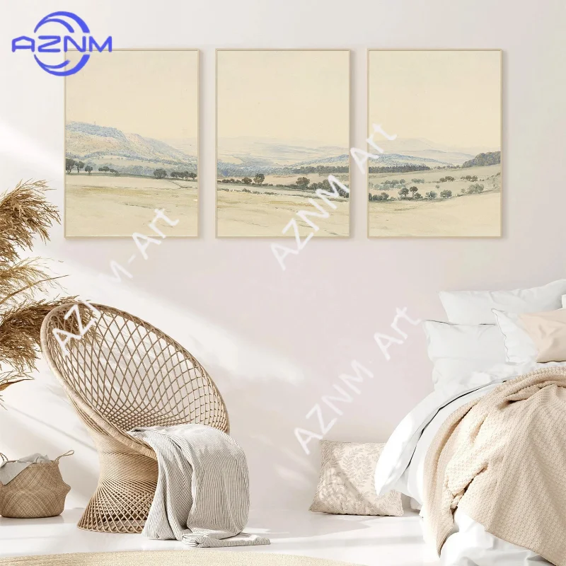 

1/3 шт. винтажный панорамный акварельный постер на холсте с пейзажем гор и поля во французском стиле, декор для стен, теплые и нейтральные тона