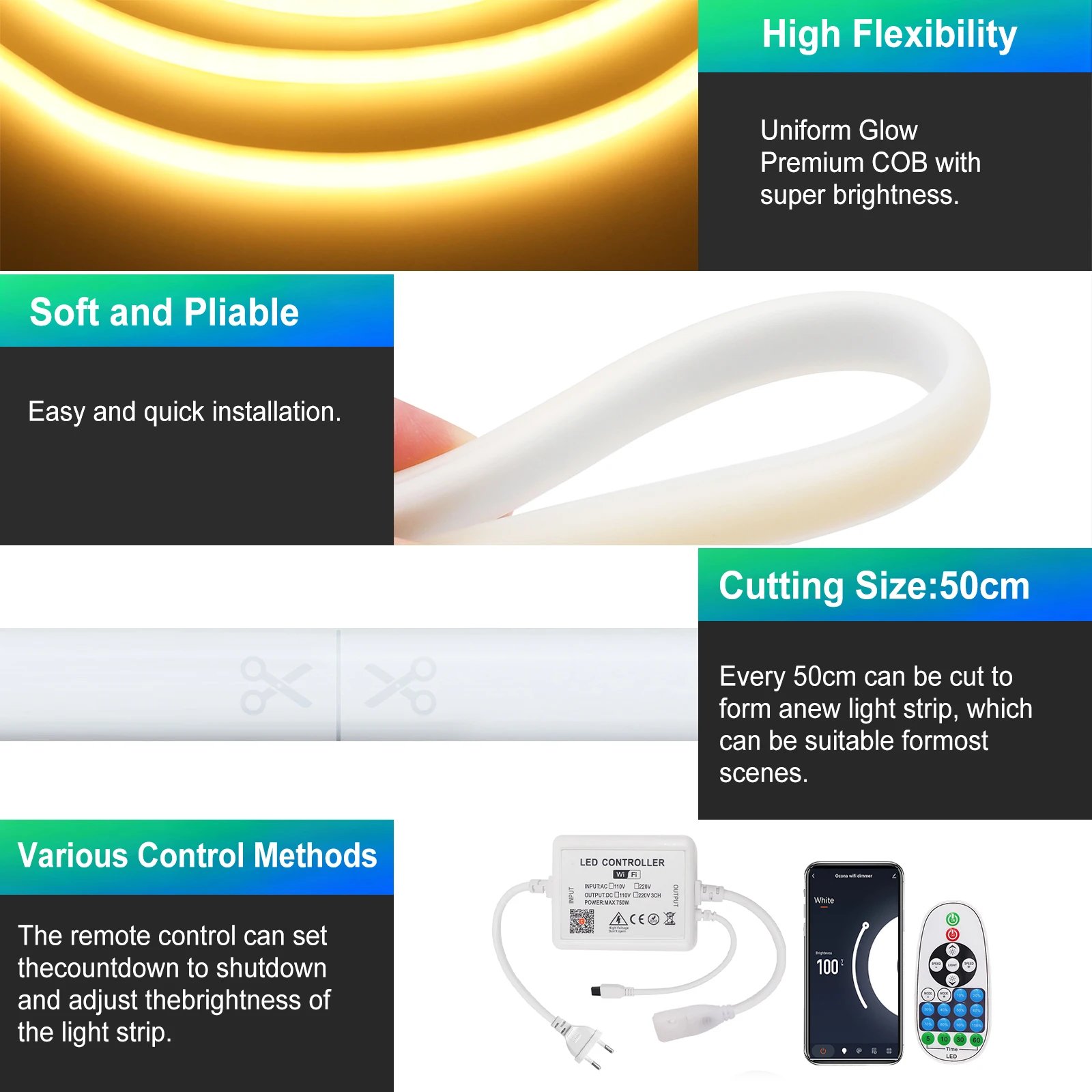 220V WIFI Bluetooth Dimmable LED Neon Strip Light 23key Remote Wall Touch Power Kit Waterproof 288LEDs/M Flex Home Decor Lamp view 3