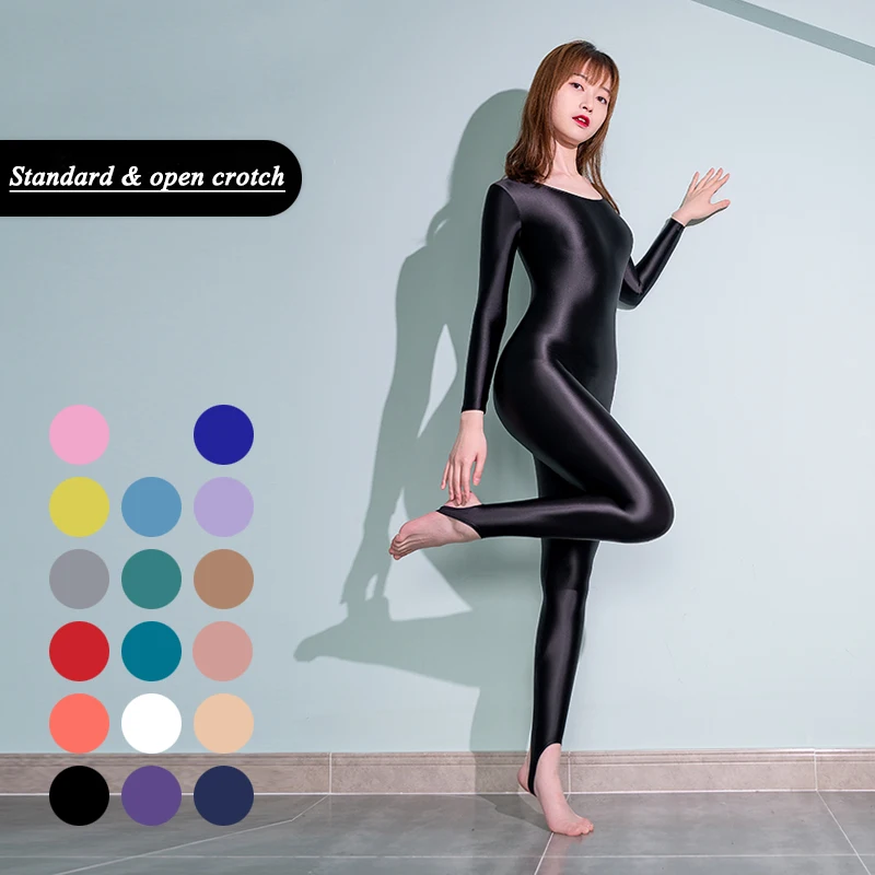 Women's sexy shiny tights Tights Oil smooth long zipper cargo pants Yoga pantsuit casual sports tights jumpsuit