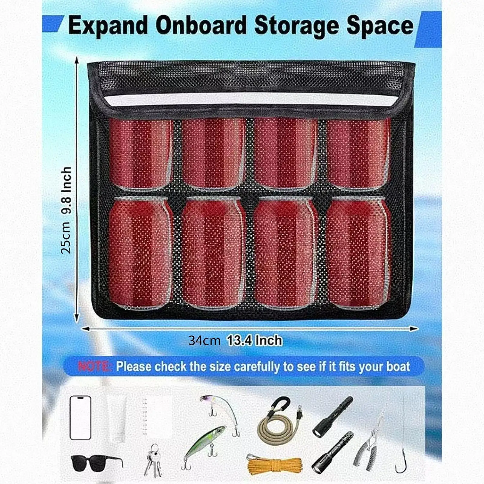 Self Adhesive Boat Storage Bag Tools Mesh Organizer with Reflective Strap for Fishing Boats Accessories and Marine Supplies