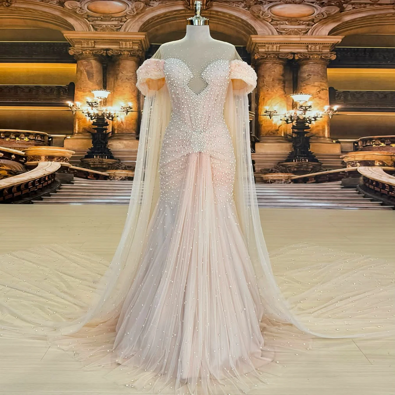 

Pearl gauze dress with shoulder cape train one-shoulder sleeves pleated long ball gown bridesmaid dress party dress summer dress