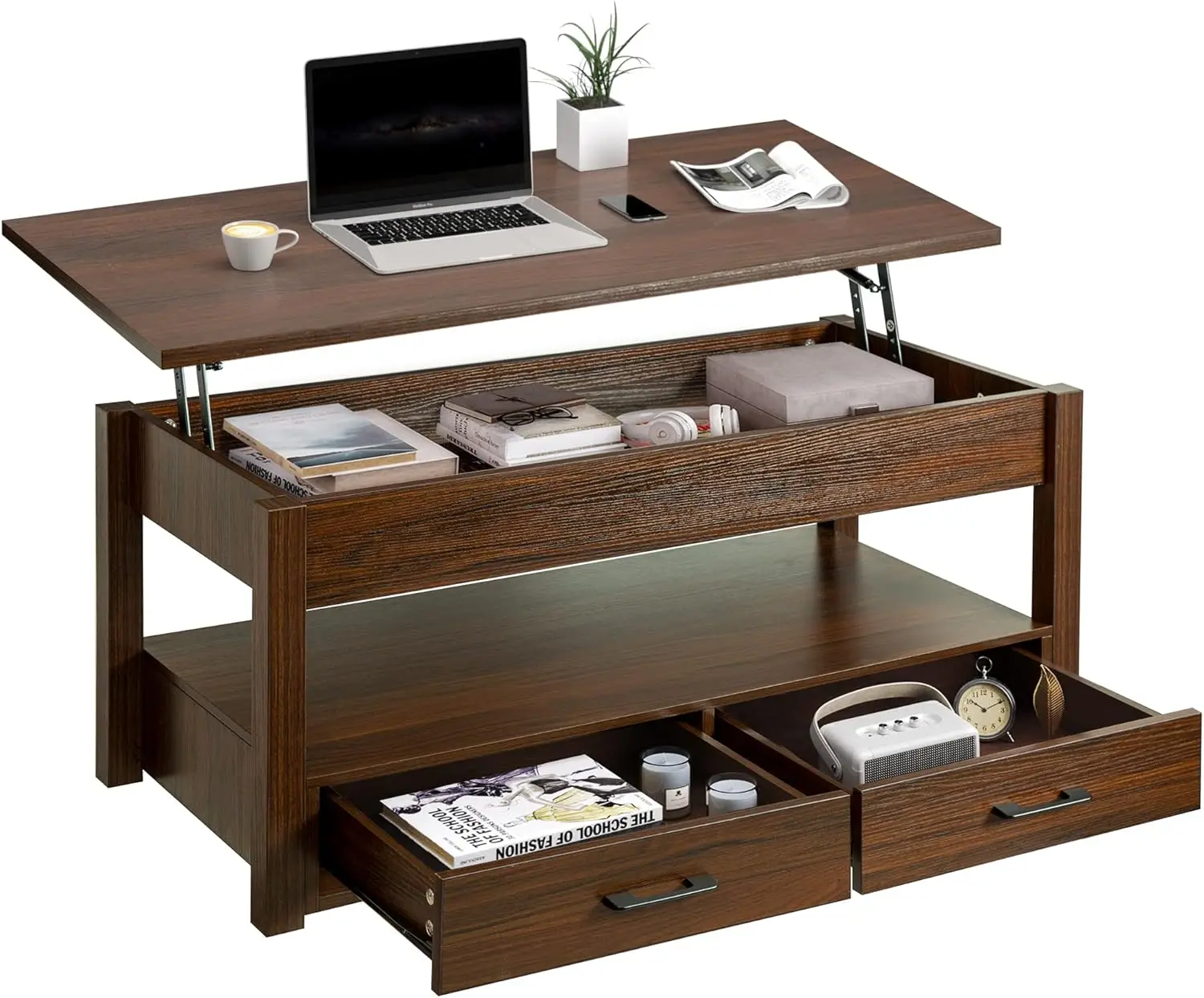 

41.7'' Coffee Table, Lift Top Coffee Table with Storage Drawers and Hidden Compartment, Retro Central Table with Wooden L