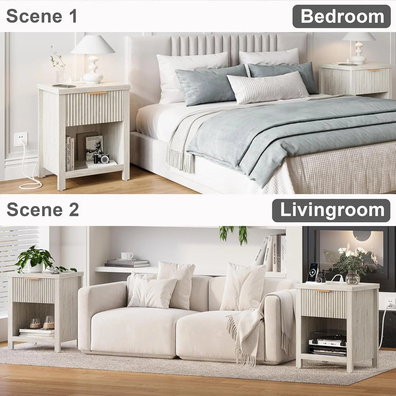 Fluted Nightstands with Charging Station Set of 2, Brooklyn Night Stand with Drawers, Modern Bedside Table with, Customized - view 4