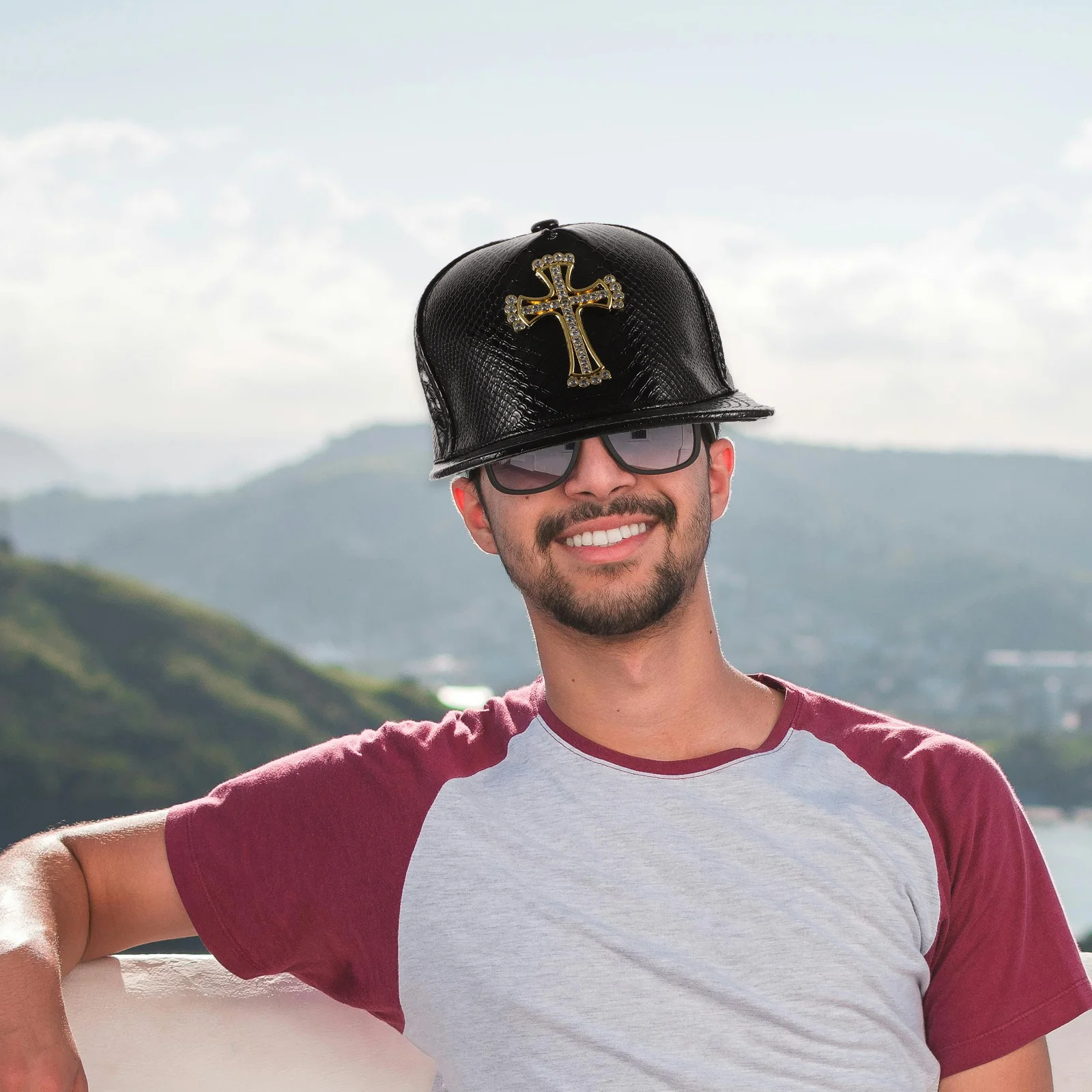 

Print Baseball Cap Pu Material Hip Hop Hat Flat Brimmed Decorative Sun Protection Cap For Men Women