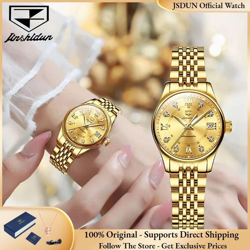 JSDUN 8939 Женские часы Роскошные оригинальные механические часы из нержавеющей стали Водонепроницаемые автоматические часы с календарем Женские часы с бриллиантами