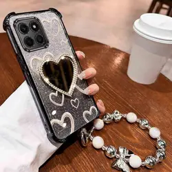 Wrist Strap Glitter Love Heart Mirror Phone Case For Huawei Honor X6A X6B X7 X7A X7B X8 X8A X8B X9 X9A X9B Plus 4G 5G Cover