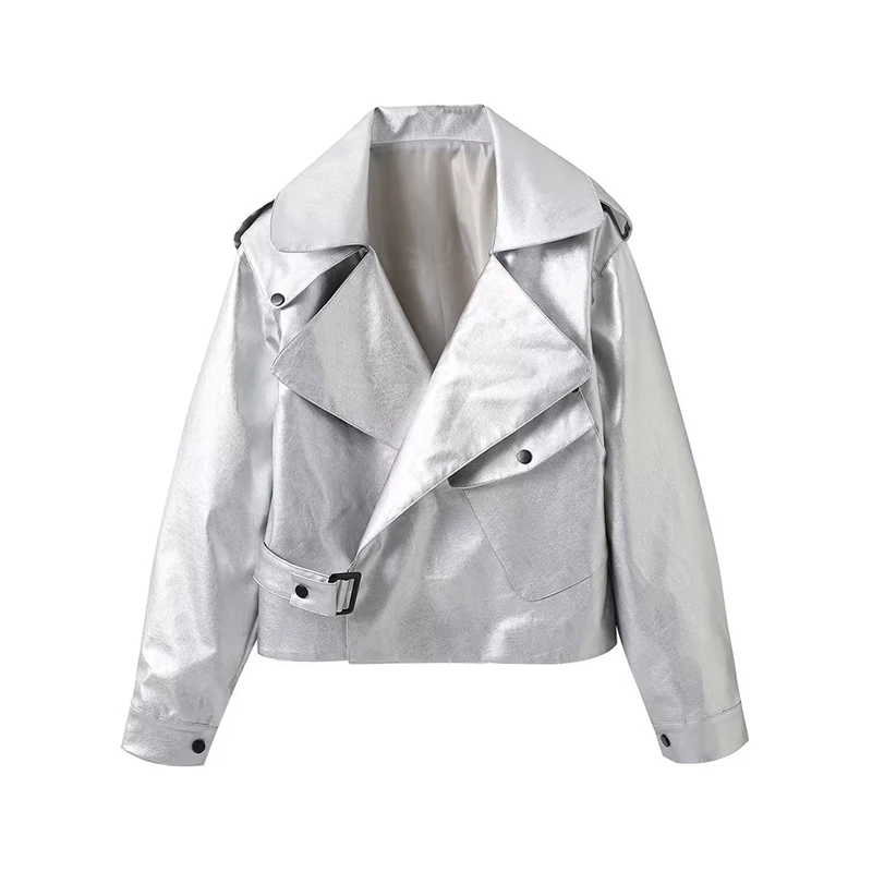 

Autumn Winter New Streetwear Leather Jacket Long Sleeve Polo Collar Silver PU Jacket Loose Outerwear for Women Overcoat