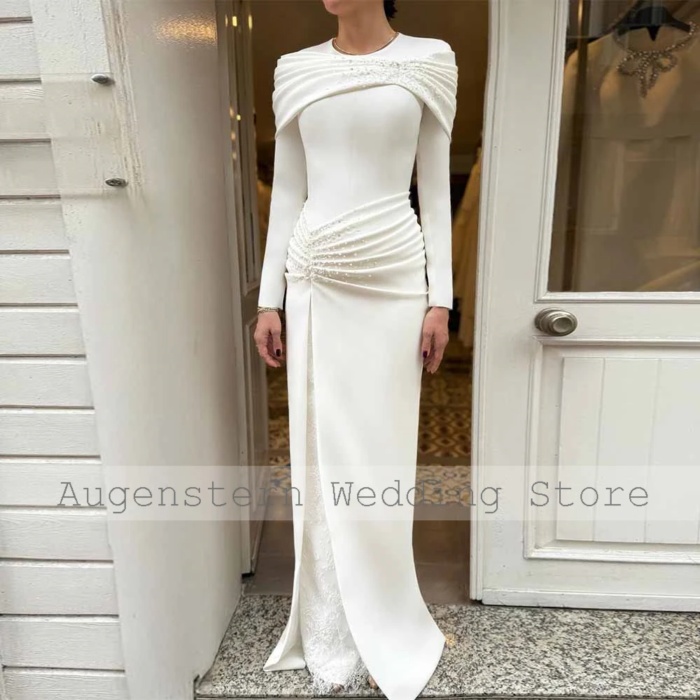 Modern Mother of the Bride Dresses 2026 Crepe Fabric Column Wedding Party Dresses Ivory O-Neck Pleat Pearls Lace Wedding Dresses