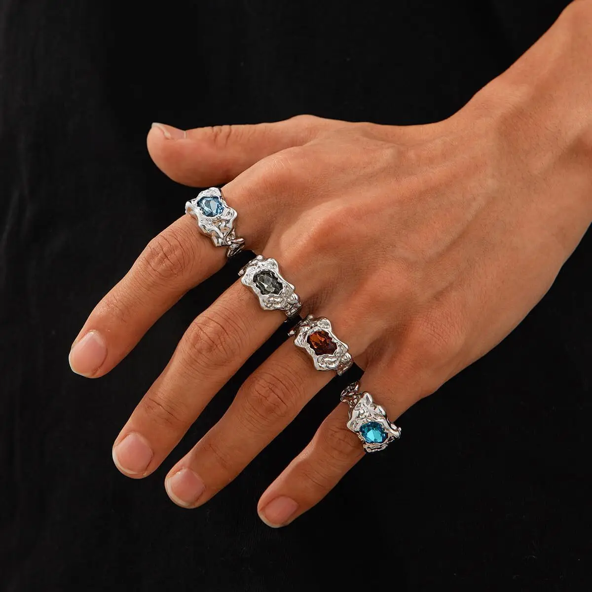 4 pièces/ensemble bagues de lave pour hommes femmes, anneau épais en Zircon coloré empilable, anneau en métal, chevalière Punk sans ternissement, cadeaux