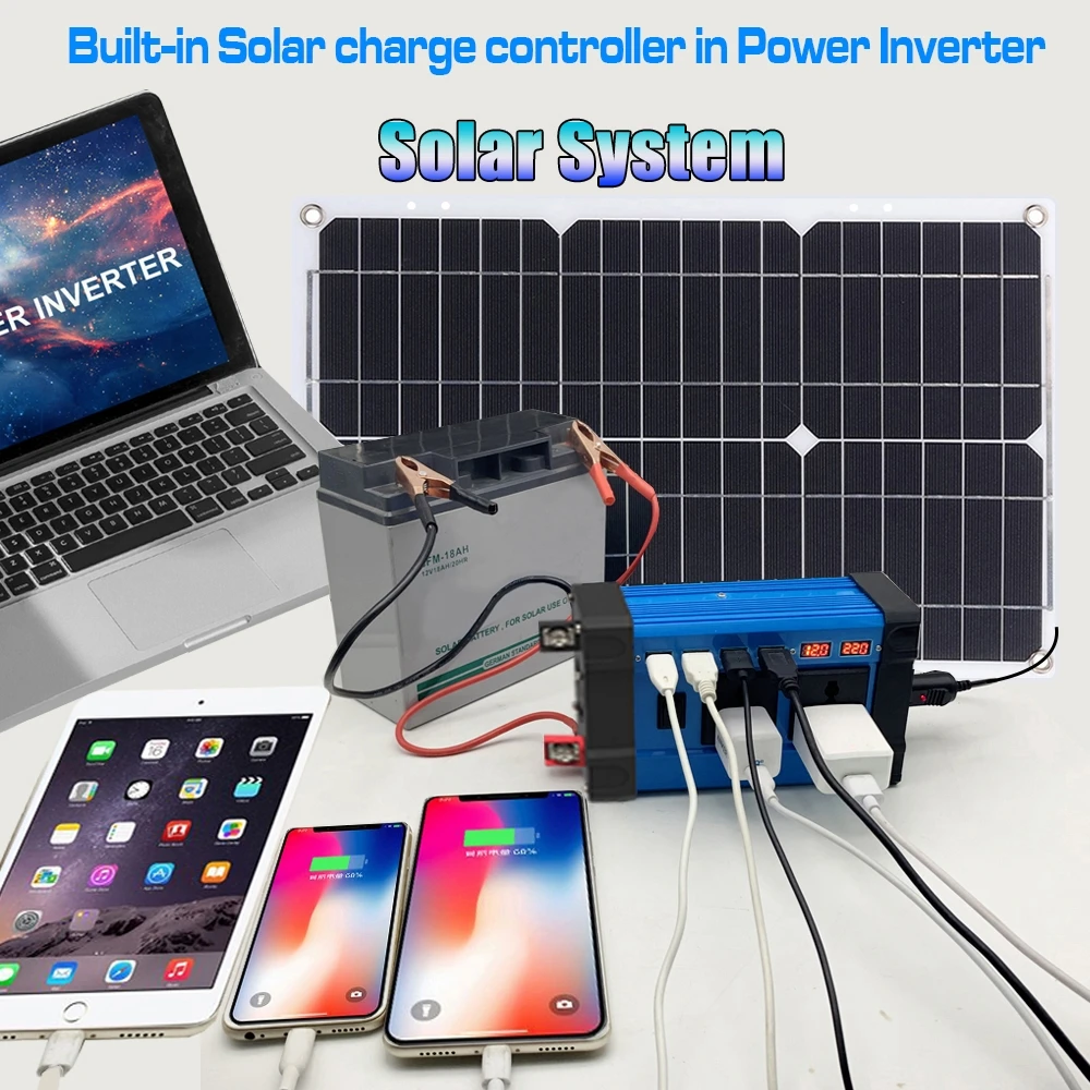 Off Grid Solar Kit Inverse Control All-in-one System 6000w 12v220v/110 Inverter 18v Solar Panel 30a Controller Camping Car