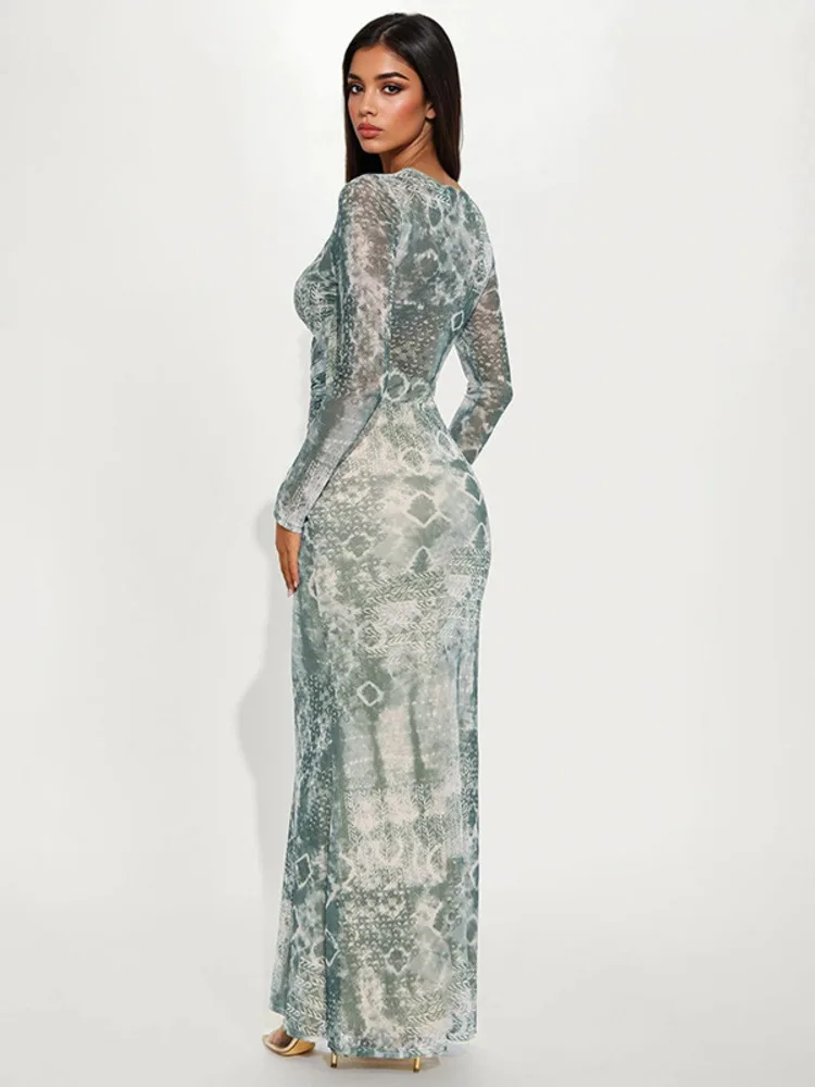 Xiaotang oco para fora manga longa impressão sexy maxi vestido feminino elegante malha o pescoço cintura alta bodycon clube festa vestido impresso