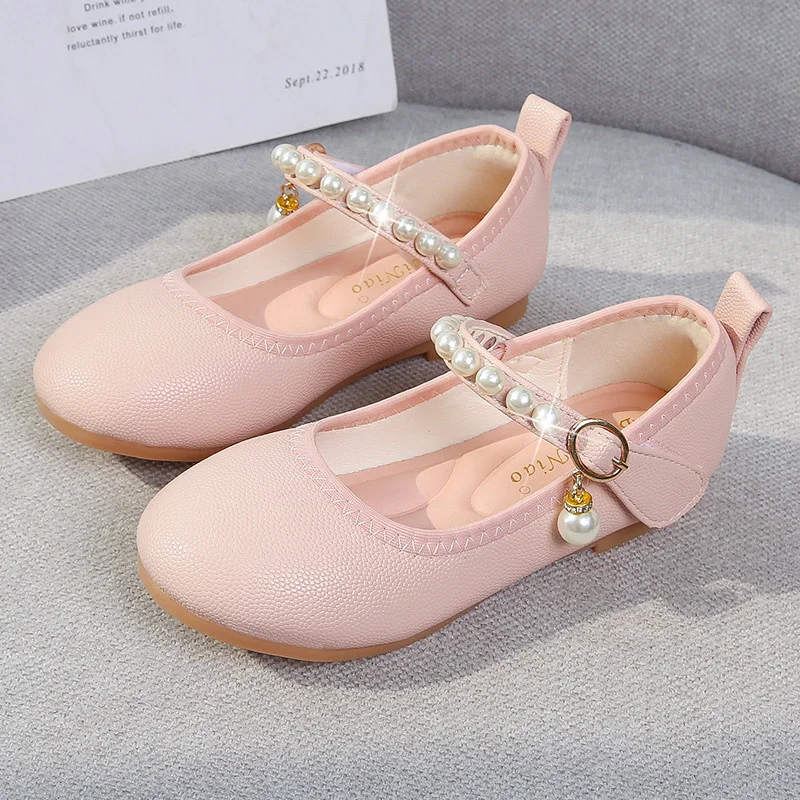 Children\'s Leather Shoes White Pearl Girls Low-heeled Princess Shoes Fashion Simple Catwalk Pearl Shoes