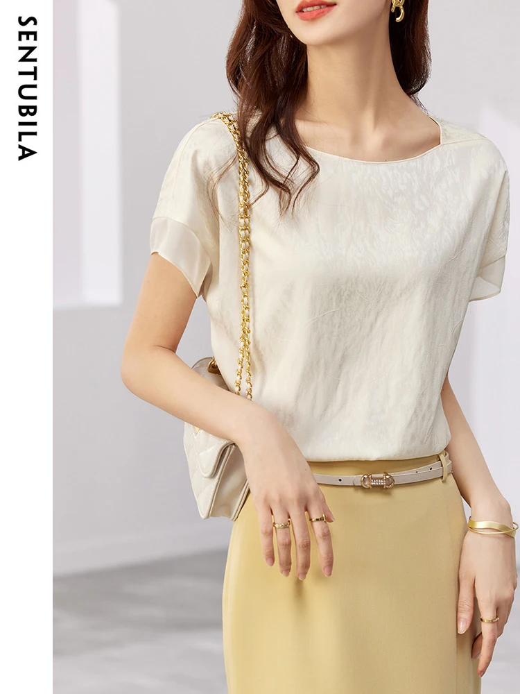 SENTUBILA Chiffon Solid Women\'s Shirt 2024 Summer Fashion Straight Elegant O-Neck Reglan Sleeves Office Lady Shirts & Blouse