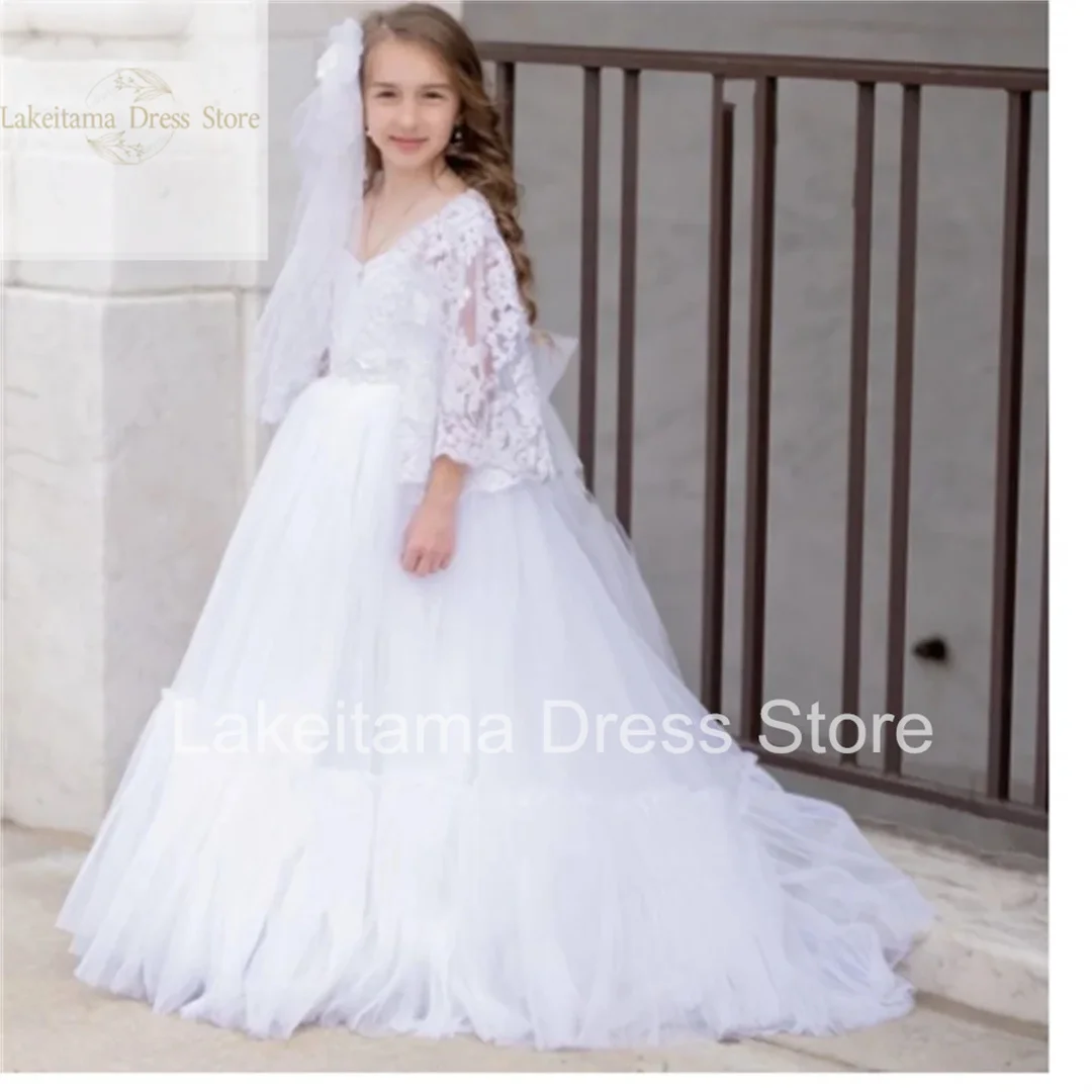 

Puffy White Flower Girl Dress For Wedding Lace Tulle Floor Length Princess Kids First Communion Dress Ball Gowns