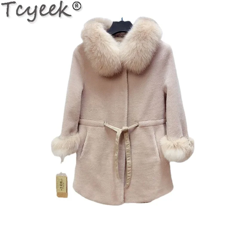 

Tcyeek Real Fur Winter Sheep Shearling Coat Women Fox Fur Collar Fur All-in-one Long Elegant Lady Outwear Casaco Feminino FCY915