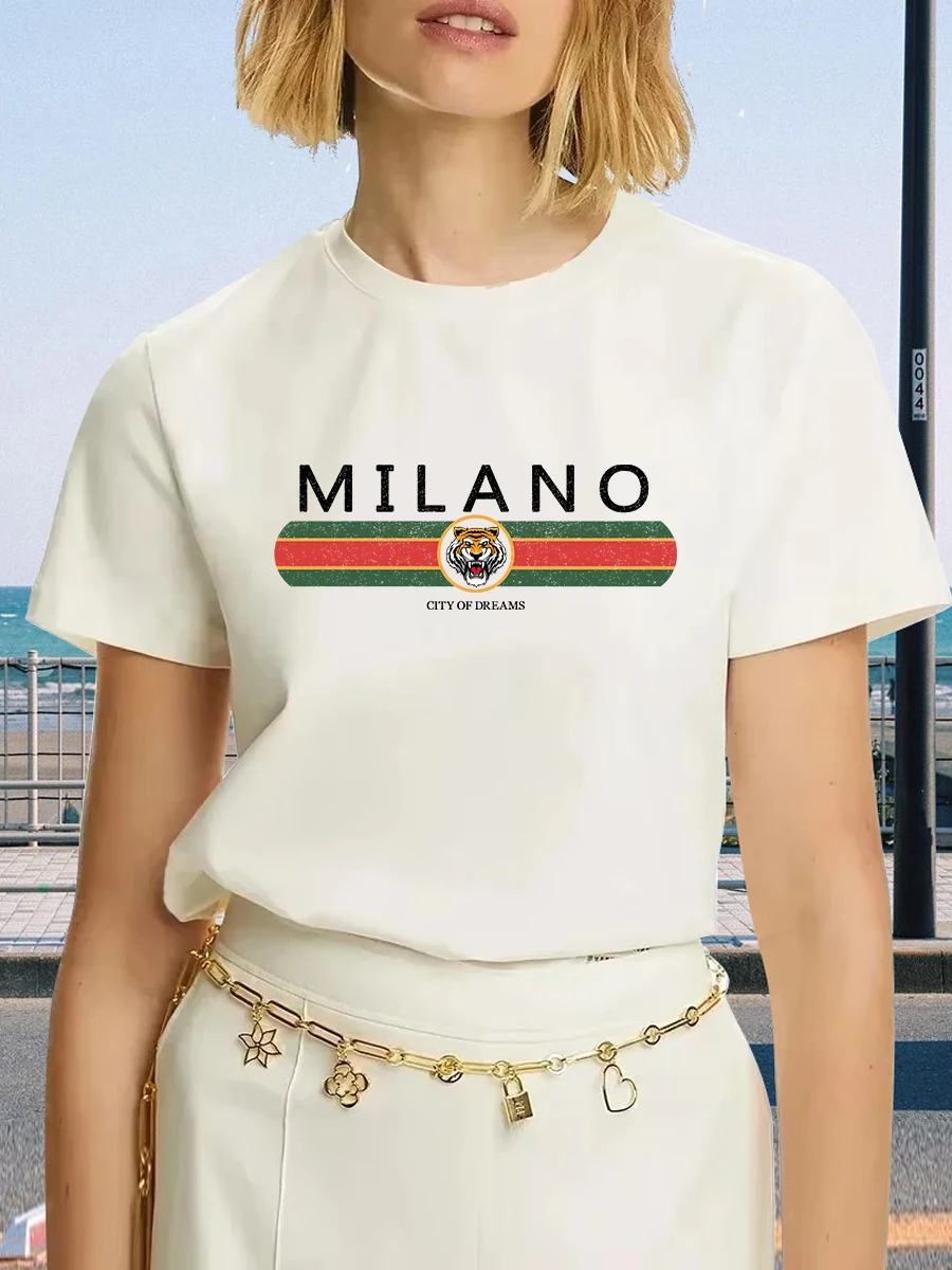 Milano Women Print T-shirt Girl Short Sleeve Crew Neck Casual Top for Summer & Spring, Women's Clothing