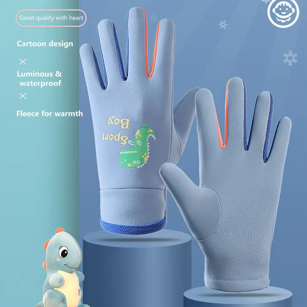 Windproof Gloves Winter Warm Gloves Water-resistant Cartoon Print Kids Cycling Gloves Outdoor Thermal Mittens with for Winter