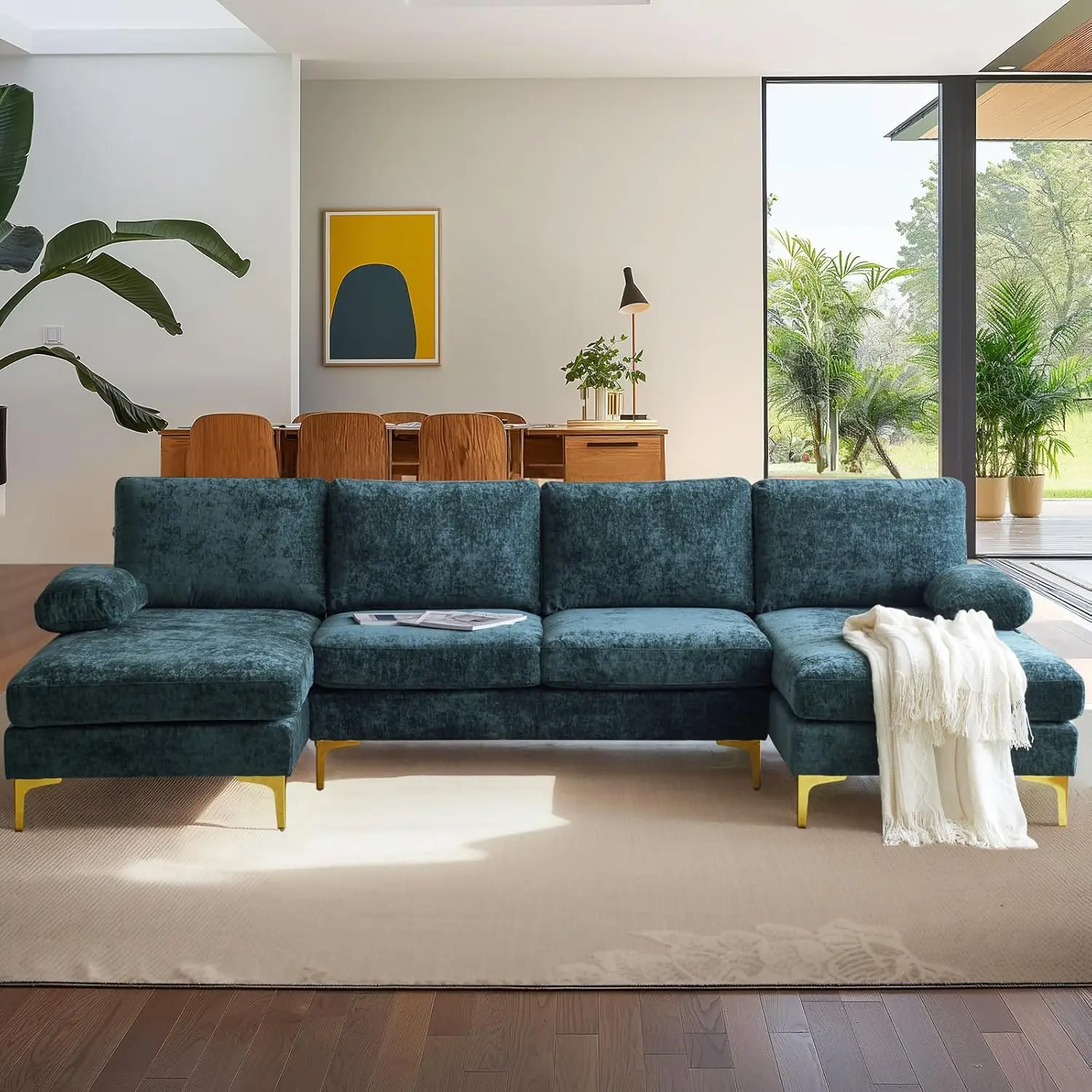 U-shape Sectional Sofa with Double Chaise, Modern Couch Set with Soft Seating Padding, Chenille Fabric ,Metal Gold Leg,Rich Cyan