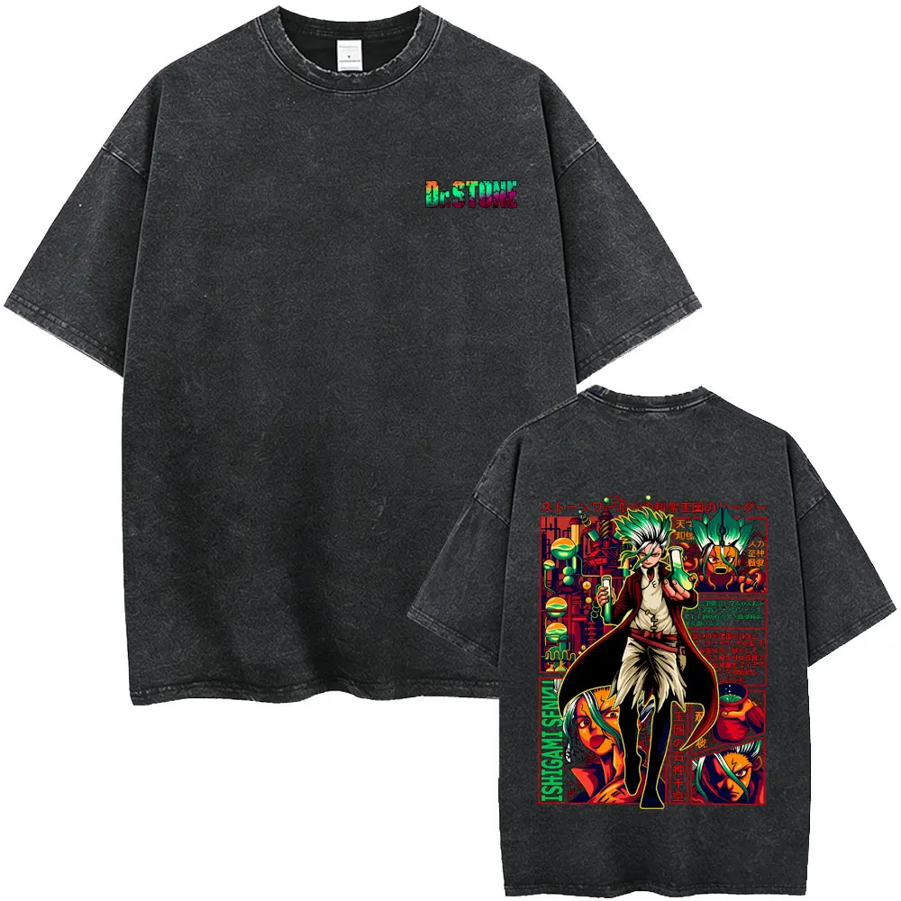 Washed Vintage Anime Dr. Stone Suika Senku Ishigami Graphic T Shirt Manga Fashion Retro T-shirts Male