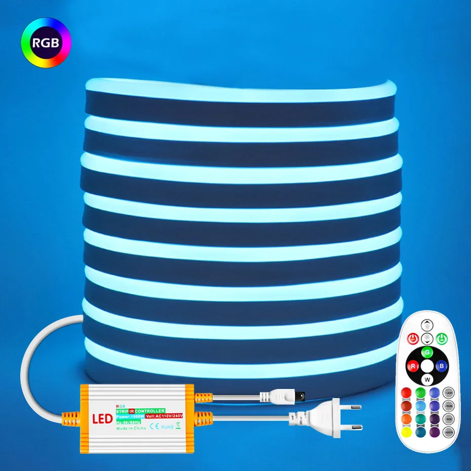 5050SMD RGB Neon Strip Light Led AC220V With Remote Control EU Plug Neon Led Outdoor Waterproof Flexible Led Ribbon RGB Lighting