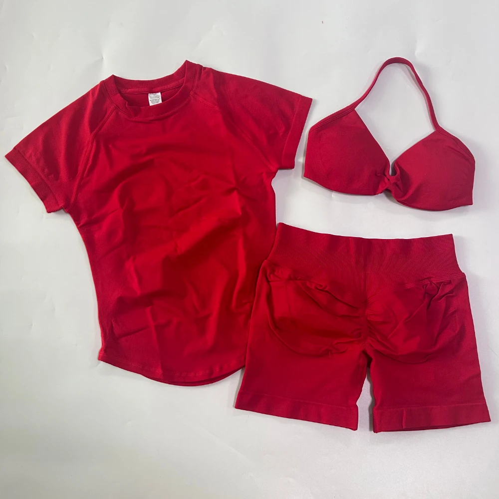 3-teiliges Workout-Set für Damen: Sport-BH mit Trägern + Sport-Top mit langen Ärmeln + Yoga-Shorts, Sportanzug, Yoga-Kleidung, Fitness-Outfit – Detail 23