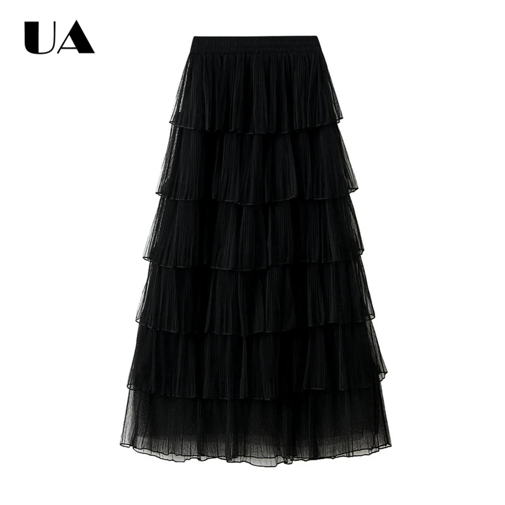 ULBYANRY Tiered Mesh 92cm Long Skirt for Women Spring Autumn Skirts, Fairy Elastic Waist Skirt Many Colors Avaliable