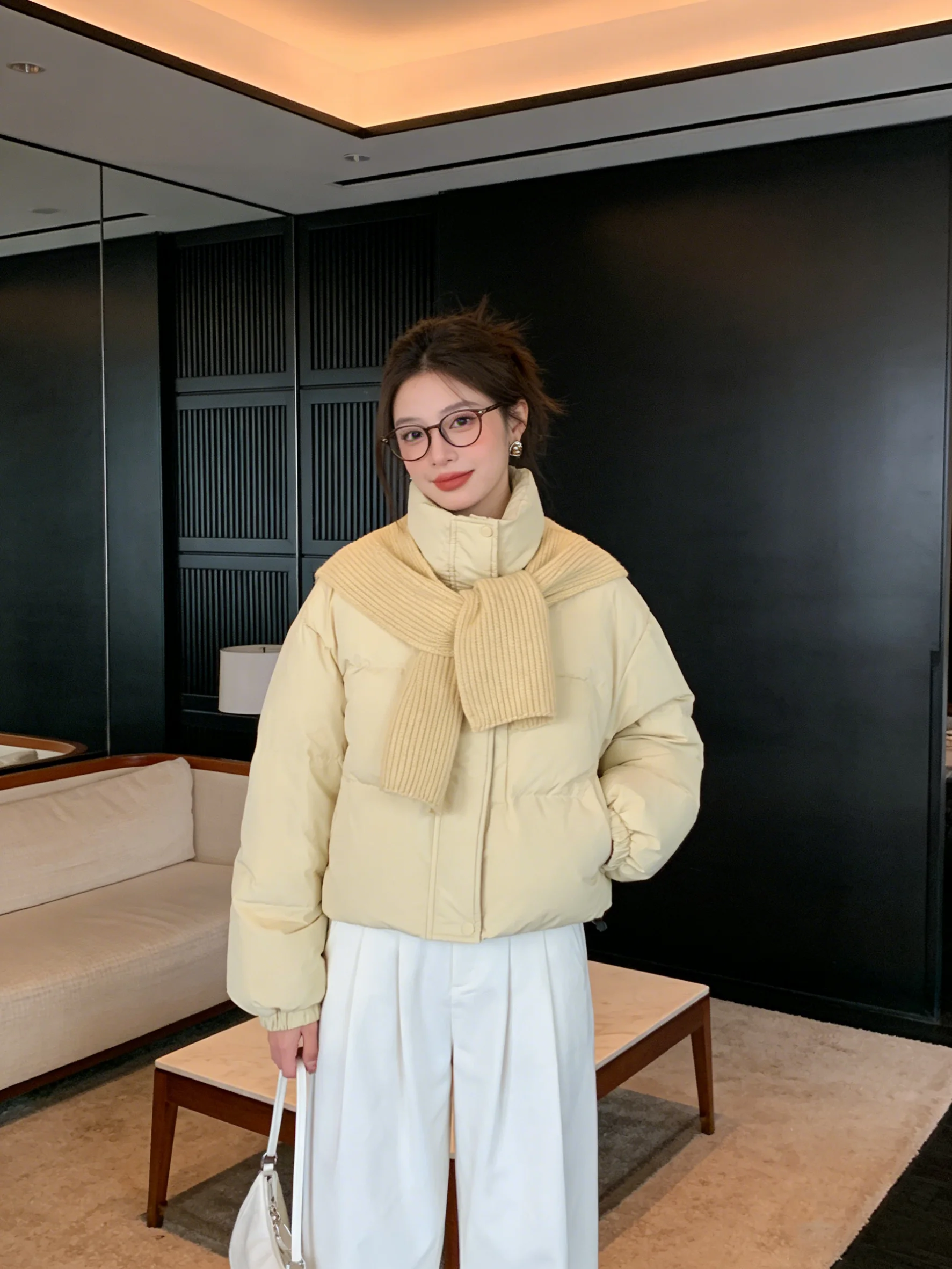 

Chic Yellow Knitted Stand Collar down Jaet ort Sle Korean Faion Warmth Cotton Coat for Women Winter New Arrival