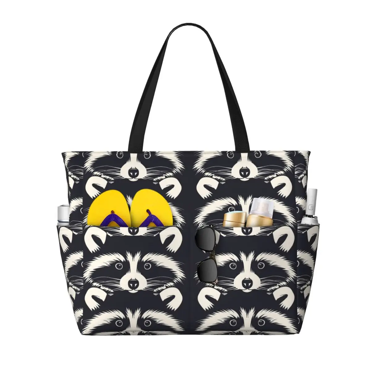 Black And White Raccoon Face Pattern Beach Tote Bag Sport Gym Yoga Duffle Large Tote Bag Women Travel Bag Fitness bag