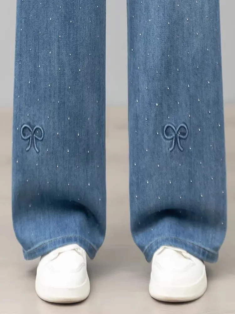 

Light Blue Striped Diamond Straight Leg Jeans Women's High Waist ket hine Embroidery Denim Pants Loose Fit Winter Wear