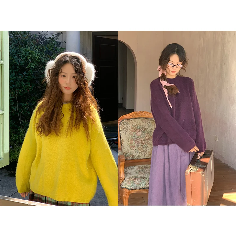 

Soft Warm Rabbit Velvet Oversized Sweater Knitted Long Sve Color Sweet Sle Women's Faion Winter Clothing