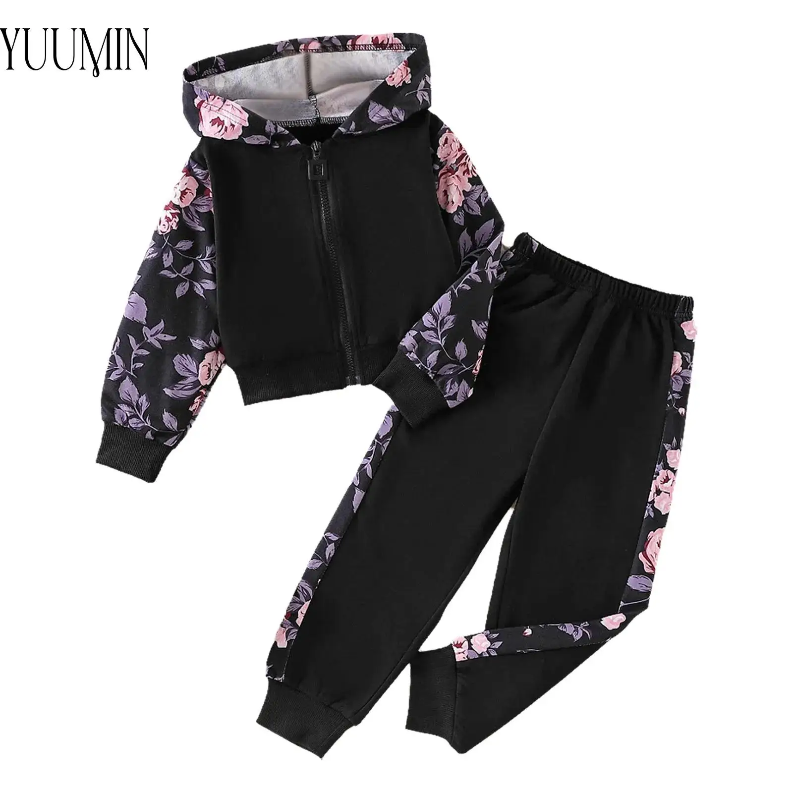 

Kids Girls Floral Print Sports Outfits Long Sleeve Hooded Jacket+Spaghetti Straps Camisole+Sweatpants Set for Casual Daily Wear