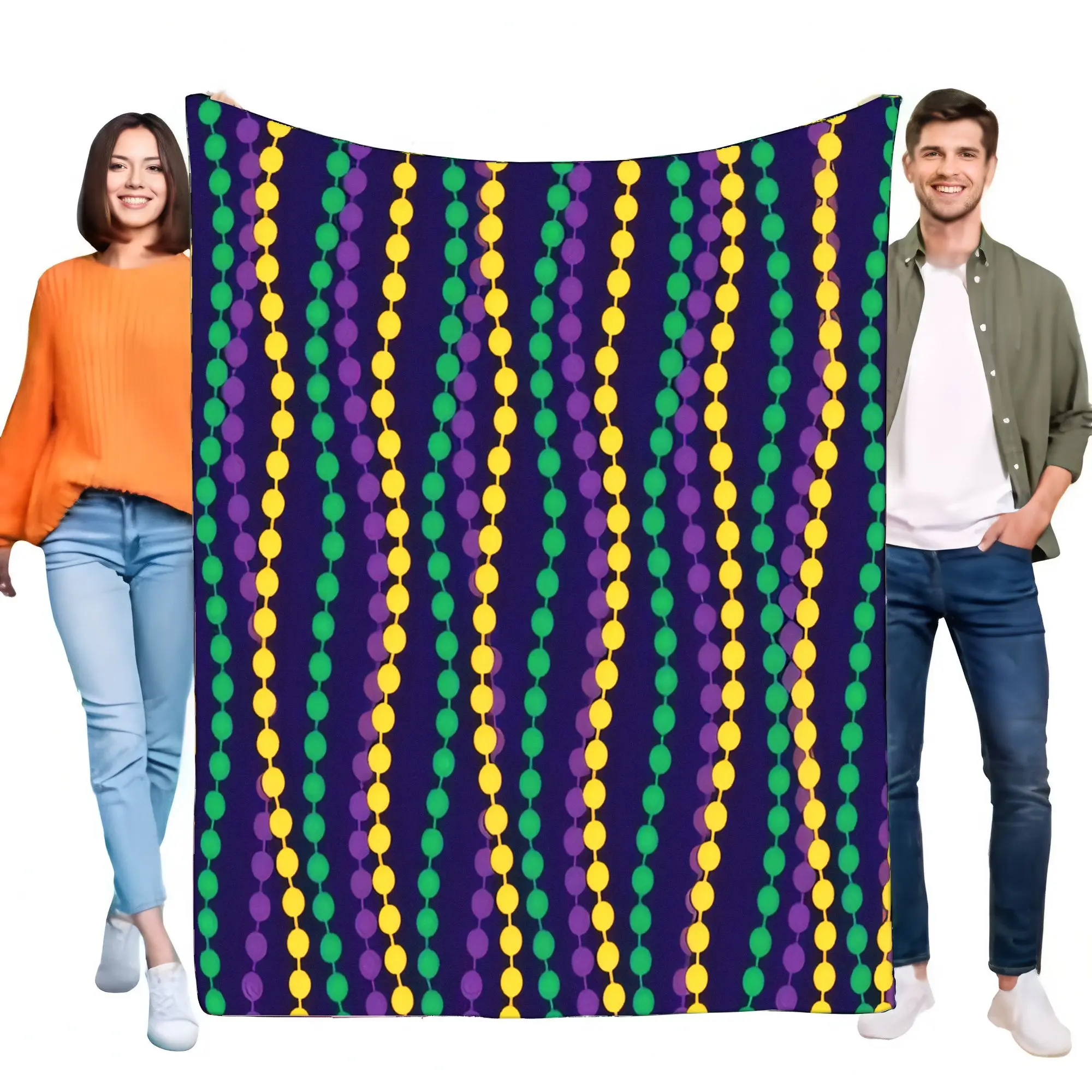 Mardi Gras Beads Green Purple Yellow Pattern Soft Flannel Fleece Throw Blanket for Sofa Bed Couch Home Decor Cozy Festive Gift