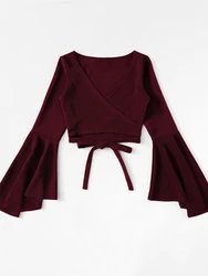 Women's Fashion Cross Design Shirt V-Neck Placket Autumn Flare Sleeves Wine Red Short Tops Sexy Lace Up Pullover