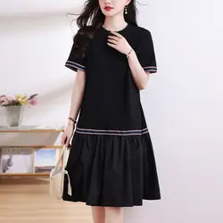 2024 New Fashion All-match Short Sleeve Dresses Ladies Pleated O-neck Women's Clothing Summer Elegant Pullovers A-line Skirt